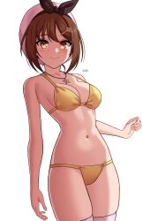 Rule 34 | 1girl, absurdres, atelier (series), atelier ryza, atelier ryza 1, bikini, breasts, brown eyes, brown hair, cleavage, gold bikini, hat, highres, jewelry, looking at viewer, medium breasts, navel, necklace, pink hat, reisalin stout, short hair, simple background, solo, star (symbol), star necklace, swimsuit, thighhighs, white background, white thighhighs, x xith x