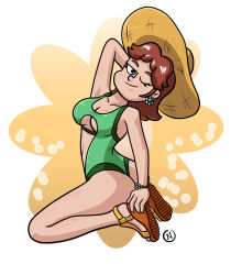 Rule 34 | 1girl, ;), ass, bare arms, bare legs, breasts, brown hair, cleavage, daisy, earrings, flower, flower earrings, full body, green one-piece swimsuit, high heels, highres, jewelry, kneeling, large breasts, legs, looking at viewer, mario (series), nintendo, one-piece swimsuit, one eye closed, princess daisy, short hair, smile, solo, super mario land, swimsuit, thong, tomboy, underboob, wedge heels, wink