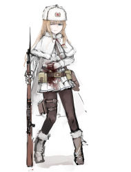 Rule 34 | 1girl, bag, black pantyhose, blonde hair, blood, blood on clothes, blue eyes, bolt action, boots, girls&#039; frontline, gloves, gun, hat, highres, jacket, long hair, military, military hat, military jacket, military operator, military uniform, mosin-nagant, mosin-nagant (girls&#039; frontline), one eye closed, pantyhose, rampart1028, rifle, solo, uniform, weapon, white background, white footwear, white gloves