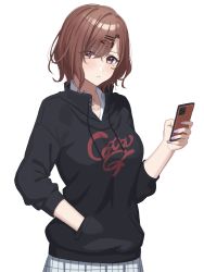 Rule 34 | 0-toki, 1girl, absurdres, black sweater, blush, brown eyes, brown hair, cellphone, collarbone, collared shirt, commentary, hand in pocket, highres, higuchi madoka, holding, holding phone, idolmaster, idolmaster shiny colors, looking at viewer, mole, mole under eye, nail polish, parted lips, phone, plaid, plaid skirt, pleated skirt, purple nails, shirt, short hair, simple background, skirt, smartphone, solo, standing, sweater, white background, white shirt, white skirt, wing collar