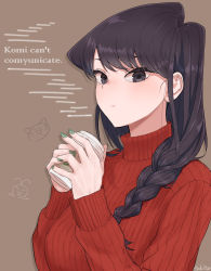 Rule 34 | 1girl, artist name, asymmetrical hair, black eyes, black hair, blush, braid, braided ponytail, breasts, brown background, coffee cup, commentary request, copyright name, cup, disposable cup, english text, engrish text, eyelashes, green nails, highres, holding, holding cup, komi-san wa komyushou desu, komi shouko, looking at viewer, low tied hair, medium breasts, nail polish, ranguage, red sweater, ribbed sweater, simple background, solo, sweater, swept bangs, takita (takita3411), turtleneck, turtleneck sweater, upper body