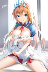 Rule 34 | 1girl, :q, absurdres, ahoge, artist name, bed sheet, blue eyes, blush, braid, breasts, chinese commentary, cleavage, closed mouth, commentary request, corset, dress, frilled sleeves, frills, highres, indoors, large breasts, layered dress, long hair, looking at viewer, minoominoomi, on bed, orange hair, pecorine (princess connect!), princess connect!, short sleeves, shrugging, side braid, sitting, solo, split mouth, strapless, strapless dress, tiara, tongue, tongue out, very long hair, wariza, white dress, window