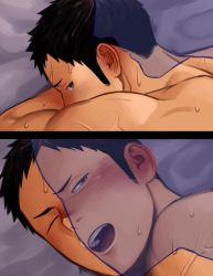 Rule 34 | 2boys, back, black hair, blush, completely nude, ear blush, haikyuu!!, implied anal, implied sex, itto (mentaiko), kiss, looking back, lying, male focus, multiple boys, nude, on bed, on stomach, sawamura daichi, see-through silhouette, short hair, toned, toned male, yaoi