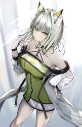 Rule 34 | 1girl, absurdres, animal ear fluff, animal ears, arknights, bare shoulders, breasts, cat ears, cat girl, commentary request, cowboy shot, dress, eyes visible through hair, green dress, green eyes, grey hair, hair between eyes, hair intakes, halter dress, halterneck, hand on own hip, hand up, highres, kal&#039;tsit (arknights), long sleeves, looking at viewer, medium hair, off shoulder, parted lips, partial commentary, poni (poni arknights), see-through, see-through sleeves, short dress, solo, standing, strap