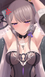 1girl absurdres anger_vein armpits arms_up bare_shoulders black_choker blush breasts breasts_apart choker collarbone commentary_request detached_sleeves frown grey_hair herta_(honkai:_star_rail) highres honkai:_star_rail honkai_(series) long_hair looking_at_viewer medium_breasts out_of_frame purple_eyes solo strapless tetori_(tetolisto) the_herta_(honkai:_star_rail) upper_body very_long_hair