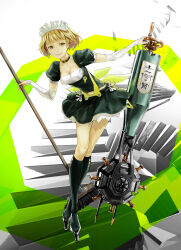 1girl android beatless boots box_art breastless_clothes breasts bridal_gauntlets broom brown_eyes brown_hair cleavage crossed_ankles device dress full_body green_dress high_heel_boots high_heels highres holding holding_broom jewelry knee_boots leaning_to_the_side maid_headdress mariage mecha_musume navel neck_ring official_art puffy_sleeves redjuice short_hair smile standing