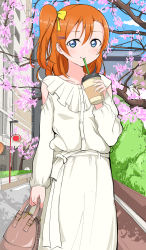 Rule 34 | 1girl, absurdres, bag, belt, blue eyes, blue sky, blush stickers, bow, building, casual, coffee cup, collarbone, commentary request, crosswalk, cup, disposable cup, dress, drinking, drinking straw, frills, hair bow, hair ornament, hairclip, handbag, highres, holding, holding bag, holding cup, kosaka honoka, lamppost, love live!, love live! school idol project, orange hair, outdoors, petals, side ponytail, sky, solo, spring (season), tree, wewe, white dress
