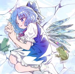 Rule 34 | 1girl, ahoge, animal, blue bow, blue dress, blue eyes, blue hair, blush, bow, bowtie, cirno, colored skin, commentary request, dress, eyelashes, fingernails, frog, green skin, hands up, highres, ice, ice wings, looking at another, lying, no shoes, on side, open mouth, parted bangs, puffy short sleeves, puffy sleeves, purple bow, purple bowtie, satomachi, shadow, shirt, short hair, short sleeves, smile, socks, tongue, touhou, white shirt, white socks, window, wings