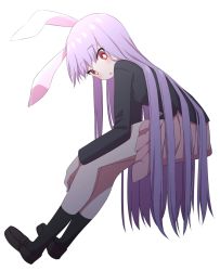 Rule 34 | 1girl, :o, animal ears, bang (gesture), black footwear, black socks, blush, bright pupils, commentary request, finger gun, from side, full body, hand on own leg, highres, jacket, light purple hair, loafers, long hair, looking at viewer, looking back, looking down, miniskirt, open mouth, pink skirt, pleated skirt, rabbit ears, red eyes, reisen udongein inaba, shoes, simple background, sitting, skirt, socks, solo, suit jacket, touhou, tsukimirin, very long hair, white background, white pupils