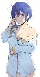 Rule 34 | 1girl, alp, blue hair, bokutachi no remake, breasts, bubble, buttons, cleavage, closed mouth, collarbone, collared shirt, commentary request, cowboy shot, dress shirt, hair between eyes, hands up, head tilt, highres, large breasts, long sleeves, looking at viewer, messy hair, no bra, no pants, off shoulder, one eye closed, panties, pink eyes, rubbing eyes, shade, shino aki, shirt, short hair, simple background, single bare shoulder, sleepy, sleeves past wrists, solo, squeans, standing, underwear, white background, white panties, white shirt