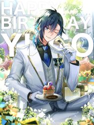 Rule 34 | 1boy, ;), balloon, black shirt, blue bow, blue eyes, blue hair, blue necktie, blueberry, bow, box, chair, character name, collared shirt, colored inner hair, cowboy shot, cupcake, dark blue hair, dated, eating, figure four sitting, flower, food, fork, fruit, gift, gift box, gloves, grey vest, hair between eyes, hair ribbon, happy birthday, highres, holding, holding fork, holding plate, jacket, lapel pin, looking at viewer, low ponytail, male focus, multicolored hair, necktie, nijisanji, nijisanji en, odayakao, one eye closed, pants, parted lips, plate, pocket square, raspberry, ribbon, rose, shirt, short hair, short ponytail, sitting, smile, solo, sparkle, star balloon, strawberry, v-shaped eyebrows, vest, virtual youtuber, white flower, white gloves, white jacket, white pants, white ribbon, white rose, yugo asuma