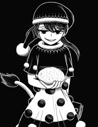 Rule 34 | 179 (yougoha), 1girl, arm behind back, black background, blob, book, doremy sweet, dress, facing viewer, greyscale, grin, hat, looking at viewer, monochrome, nightcap, pom pom (clothes), short sleeves, simple background, smile, smirk, smug, sneer, solo, tagme, tail, tapir tail, touhou