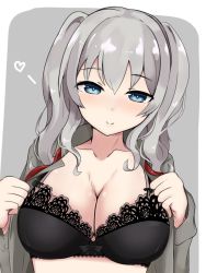 Rule 34 | 1girl, black bra, blue eyes, blush, bra, breasts, cleavage, collarbone, heart, highres, jacket, kantai collection, kashima (kancolle), large breasts, lingerie, long hair, looking at viewer, meta-tron, military jacket, seductive smile, sidelocks, silver hair, smile, solo, tsurime, twintails, underwear, upper body, wavy hair