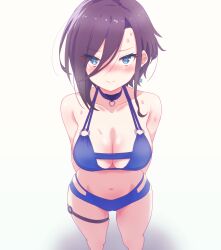 1girl arbiter1 ark_royal_(azur_lane) arms_behind_back azur_lane bare_shoulders bikini black_hair blue_choker blue_eyes blush breasts choker cleavage from_above hair_over_one_eye highres large_breasts looking_at_viewer navel short_hair simple_background solo stomach sweat swimsuit thigh_strap white_background