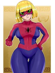 Rule 34 | 1girl, absurdres, arms (game), blonde hair, blush, bug, cosplay, food, green eyes, highres, marvel, mask, min min (arms), nintendo switch, noodles, ramen, ramenboy17, short hair, smile, solo, spider, spider-man