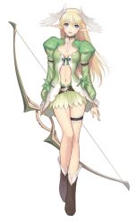 Rule 34 | 1girl, blonde hair, blue eyes, bow (weapon), breasts, bridal garter, cleavage, cleavage cutout, clothing cutout, dress, elbow gloves, elf, elwing, feathers, frills, gloves, hairband, head wings, long hair, long legs, looking at viewer, pointy ears, sega, shining (series), shining tears, smile, solo, thighs, tony taka, weapon, wings