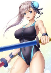 Rule 34 | 1girl, armpits, asymmetrical hair, bad id, bad pixiv id, black one-piece swimsuit, blue eyes, blue one-piece swimsuit, blurry, bokeh, breasts, bun cover, cleavage, collarbone, commentary request, competition swimsuit, cowboy shot, dated, depth of field, fate/grand order, fate (series), foreshortening, gradient background, grey background, hair between eyes, hair bun, halterneck, highres, holding, holding weapon, large breasts, legs apart, lioreo, long hair, looking at viewer, miyamoto musashi (fate), miyamoto musashi (swimsuit berserker) (first ascension) (fate), one-piece swimsuit, open mouth, outstretched arm, signature, silver hair, single side bun, solo, standing, swimsuit, thighs, weapon, white background, wristband, yellow background