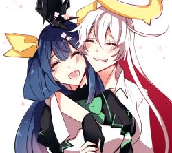 Rule 34 | 2girls, blue hair, bow, breasts, closed eyes, spiked halo, dizzy (guilty gear), gloves, grin, guilty gear, guilty gear xrd, hair ribbon, halo, hug, jack-o&#039; valentine, long hair, medium breasts, mother and daughter, multiple girls, open mouth, ribbon, s2cikn (yuzu), smile, white hair