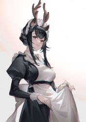 Rule 34 | 1girl, absurdres, animal ears, antlers, apron, arknights, black dress, black eyes, black hair, black headwear, blush, bonnet, breasts, commentary request, deer antlers, deer ears, deer girl, dress, gui mi, highres, horns, juliet sleeves, large breasts, long hair, long sleeves, looking at viewer, maid, maid apron, official alternate costume, parted lips, puffy sleeves, sidelocks, simple background, solo, tsukinogi (arknights), tsukinogi (londinium style miko) (arknights), white apron