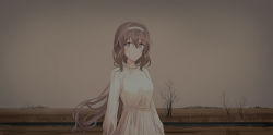 Rule 34 | 1girl, bare tree, breasts, brown hair, brown sky, chihuri, choker, closed mouth, commentary request, dress, grey eyes, hair between eyes, hairband, highres, horizon, light frown, long hair, looking at viewer, original, outdoors, renata alekseevna tsvetaeva, sky, small breasts, solo, standing, tree, upper body, very long hair, white choker, white dress, white hairband