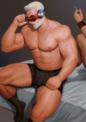 Rule 34 | 2boys, abs, bara, beard, bed, black male underwear, boxer briefs, cigarette, facial hair, highres, holding, holding cigarette, large pectorals, male focus, male underwear, multiple boys, muscular, muscular male, navel, nipples, on bed, overwatch, overwatch 2, pectorals, precum, reaper (overwatch), saolin (wudangx), short hair, sitting, socks, soldier: 76 (overwatch), solo focus, thick thighs, thighs, underwear, white hair, yaoi