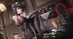 Rule 34 | 1girl, absurdres, all fours, antique phone, ass, ass cutout, azur lane, black dress, black flower, black hair, black rose, bodystocking, breasts, brown gloves, cat, chair, checkered floor, chen hai (azur lane), chen hai (vestibule of wonders) (azur lane), china dress, chinese clothes, clothes writing, clothing cutout, corded phone, dress, elbow gloves, flower, full body, gloves, highres, holding, holding tray, indoors, jfzm001, lace, lace-trimmed gloves, lace trim, lamppost, large breasts, manjuu (azur lane), official alternate costume, pelvic curtain, phone, red eyes, reflective floor, rose, rotary phone, taut clothes, taut dress, tight clothes, tight dress, tray