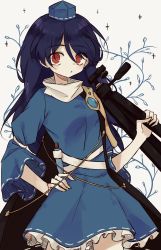 Rule 34 | 1girl, absurdres, arm ribbon, black cape, blue dress, blue hair, blue hat, cape, commentary, cowboy shot, dress, frilled skirt, frills, gem, hand on own hip, hat, highres, himi, holding tripod, iizunamaru megumu, long hair, long sleeves, looking at viewer, open mouth, red eyes, ribbon, ribbon trim, shoulder guard, skirt, solo, sparkle, symbol-only commentary, tokin hat, touhou, turtleneck, turtleneck dress, wide sleeves
