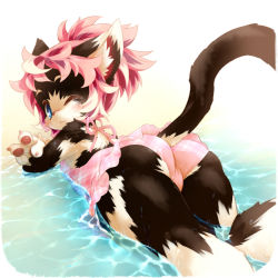 Rule 34 | 1girl, ass, bad id, bad pixiv id, blue eyes, body fur, claws, furry, furry female, looking back, lying, mizuki kotora, multicolored hair, on stomach, original, pink hair, plaid, red hair, solo, swimsuit, wading, water, wet, white hair