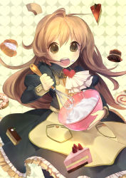 Rule 34 | 1girl, :o, bad id, bad pixiv id, batter, bowl, brown eyes, brown hair, cake, cooking, cream puff, doughnut, dress, food, food on face, fruit, heart, heart background, highres, long hair, noco (adamas), open mouth, original, pastry, solo, strawberry, thighhighs, whisk