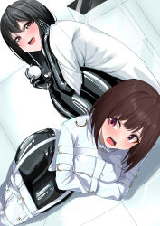 Rule 34 | 2girls, :d, absurdres, bdsm, black bodysuit, black hair, bodysuit, bodysuit under clothes, bound, bound arms, bound legs, brown hair, commentary request, highres, latex, latex bodysuit, legbinder, lying, multiple girls, on side, open mouth, original, red eyes, seirein (seireinnnn), shiny clothes, smile, squatting, straitjacket