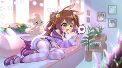 Rule 34 | 1girl, angelica (k3lly), animal, brown hair, cellphone, couch, curtains, day, flower pot, full body, green eyes, jacket, looking at cellphone, on couch, open mouth, phone, pillow, plant, rabbit, shoes, side ponytail, skirt, smile, staryuuki, table, thighhighs, virtual youtuber, window