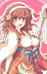 Rule 34 | 1girl, :d, bad id, bad pixiv id, bow, breasts, echizen (hvcv), eyebrows, female focus, fire emblem, fire emblem fates, hair ornament, headband, heart, holding, holding staff, japanese clothes, kimono, looking at viewer, medium breasts, miko, nintendo, open mouth, pink background, pink eyes, pink hair, sakura (fire emblem), short hair, smile, solo, solo focus, staff, star (symbol)
