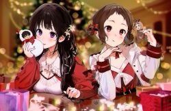 Rule 34 | 2boys, 2girls, alternate costume, animal costume, artist logo, black hair, blurry, blurry background, blush, bow, box, breasts, brown hair, chitanda eru, cleavage, closed mouth, collarbone, flower, fukube satoshi, gift, gift box, hair bow, hair flower, hair ornament, holding, hyouka, ibara mayaka, indoors, jacket, large breasts, long hair, looking at viewer, mery (yangmalgage), mini person, miniboy, multiple boys, multiple girls, open clothes, open jacket, oreki houtarou, purple eyes, red bow, red jacket, reindeer costume, short hair, small breasts, smile, snowman costume, table, white flower, white jacket