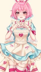 Rule 34 | 1girl, absurdres, aqua dress, armband, blue hair, blush, bob cut, breasts, choker, dot nose, dress, educk, fang, feet up, frilled dress, frills, hair between eyes, hair intakes, hat, heart, heart hands, heart print, highres, idolmaster, idolmaster cinderella girls, idolmaster cinderella girls starlight stage, light blue hair, looking at viewer, medium breasts, mini wings, nurse cap, o-ring, o-ring choker, open mouth, pinafore dress, pink choker, pink eyes, pink footwear, pink hair, puffy sleeves, raised eyebrows, red armband, red stripes, red wristband, shoes, simple background, sleeveless, sleeveless dress, solo, sparkle print, striped clothes, striped thighhighs, tareme, tearing up, thighhighs, thighs, white hat, white stripes, white wrist cuffs, wings, wrist cuffs, wristband, yumemi riamu