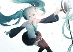 Rule 34 | 1girl, :d, aqua hair, black skirt, black sleeves, black thighhighs, blue eyes, collared shirt, detached sleeves, floating hair, green necktie, hair between eyes, hair ornament, hatsune miku, hatsune miku (vocaloid4) (chinese), headphones, highres, long hair, long sleeves, microphone stand, miniskirt, necktie, open mouth, outstretched arms, pleated skirt, shirt, skirt, sleeveless, sleeveless shirt, smile, solo, tattoo, thighhighs, very long hair, vocaloid, white background, white shirt, wing collar, yaner 10, zettai ryouiki