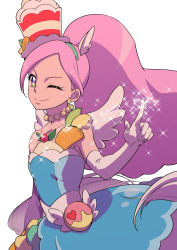 Rule 34 | 10s, 1girl, choker, cure parfait, earrings, elbow gloves, gloves, green eyes, hat, index finger raised, jewelry, kirahoshi ciel, kirakira precure a la mode, long hair, magical girl, pink hair, ponytail, precure, simple background, solo, sparkling eyes, uyoshi, white background, white gloves