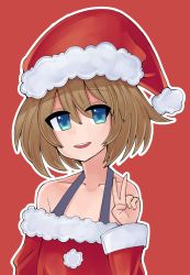 Rule 34 | 1girl, blanc (neptunia), blue eyes, blush, breasts, brown hair, christmas, cleavage, collarbone, hat, highres, looking at viewer, mahruru, neptune (series), open mouth, red background, santa costume, santa hat, shin jigen game neptune vii, short hair, simple background, small breasts, smile, upper body, v