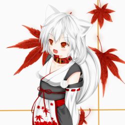 Rule 34 | 1girl, animal ears, autumn leaves, blush, breasts, cleavage, collar, collarbone, detached sleeves, inubashiri momiji, kourindou tengu costume, leaf, looking away, maple leaf, medium breasts, no headwear, no headwear, open mouth, pom pom (clothes), red eyes, short hair, silver hair, solo, tail, touhou, wolf ears, wolf tail