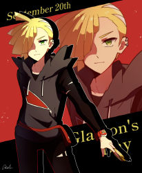 Rule 34 | 1boy, ahoge, blonde hair, bracelet, character name, closed mouth, commentary request, creatures (company), ear piercing, fanny pack, game freak, gladion (pokemon), green eyes, hair over one eye, highres, hood, hood down, hoodie, jewelry, long sleeves, looking at viewer, male focus, nintendo, pants, piercing, pokemon, pokemon sm, red bag, short hair, signature, tere asahi, z-ring, zoom layer