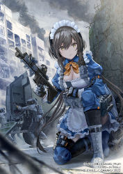 Rule 34 | 1girl, aircraft, airplane, apron, armored vehicle, assault rifle, battlefield, black hair, black thighhighs, blouse, blue shirt, blue skirt, boots, bow, bowtie, breasts, building, camouflage, cleavage, cloud, cloudy sky, commentary request, extra, eyebrows, fighter jet, frilled apron, frilled skirt, frills, gakaku pr, gloves, grey footwear, gun, holster, jet, juliet sleeves, knee pads, load bearing vest, long hair, long sleeves, maid, maid apron, maid headdress, medium breasts, military, military vehicle, on one knee, orange bow, orange bowtie, original, parted lips, puffy sleeves, reloading, rifle, shirt, skirt, sky, smoke, tactical clothes, tactical maid, thighhighs, unconventional maid, urban camouflage, weapon, wrist cuffs, yellow eyes
