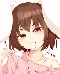Rule 34 | 1girl, animal ears, bare shoulders, blush, brown hair, collarbone, eating, eyebrows, floppy ears, food, hand up, head tilt, heart, highres, holding, holding food, inaba tewi, jewelry, karatakewari, looking at viewer, mouth hold, naughty face, necklace, off shoulder, open mouth, popsicle, rabbit ears, red eyes, saliva, short hair, simple background, solo, sweater, teeth, touhou, white background