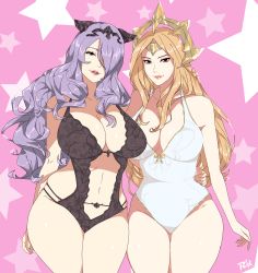 Rule 34 | 2girls, arm around waist, blonde hair, breasts, camilla (fire emblem), cleavage, crossover, fire emblem, fire emblem fates, hair over one eye, highres, large breasts, league of legends, leona (league of legends), long hair, multiple girls, nintendo, one-piece swimsuit, open mouth, purple hair, r3dfive, smile, swimsuit, thighs, tiara, very long hair, wavy hair, wide hips