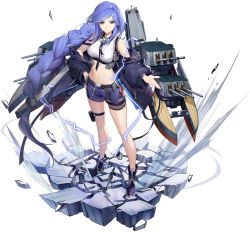 Rule 34 | 1girl, artist request, azur lane, bare shoulders, belt, belt pouch, biloxi (azur lane), black jacket, blue eyes, blue hair, blue shorts, boots, braid, breasts, cannon, collared shirt, crop top, full body, hand on own hip, highres, jacket, large breasts, leg belt, long hair, long sleeves, looking at viewer, machinery, midriff, navel, off shoulder, official art, open clothes, open jacket, pouch, puffy sleeves, shirt, short shorts, shorts, single braid, sleeveless, sleeveless shirt, socks, solo, standing, stomach, strap, thighs, transparent background, turret, very long hair, white shirt