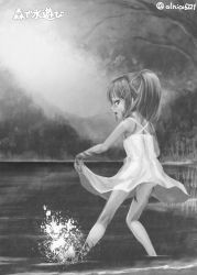 Rule 34 | 1girl, clothes lift, dorei to no seikatsu ~teaching feeling~, dress, dress lift, highres, lake, lifted by self, looking at viewer, looking back, monochrome, open mouth, outdoors, ponytail, scar, solo, sylvie (dorei to no seikatsu)