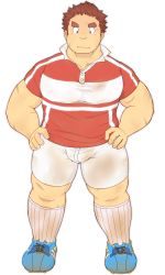 Rule 34 | 1boy, 3c pan, bara, blush, brown hair, bulge, dirty, dirty clothes, facial hair, facial scar, full body, tamamura gunzo, hands on own hips, highres, large pectorals, long sideburns, male focus, muscular, muscular male, pectorals, red shirt, rugby uniform, scar, scar on arm, scar on cheek, scar on face, shirt, shoes, short hair, shorts, sideburns, sneakers, socks, solo, spiked hair, sportswear, stubble, thick eyebrows, thick thighs, thighs, tight clothes, tight shirt, tokyo houkago summoners, transparent background, white shorts