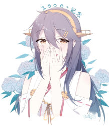 Rule 34 | 1girl, :d, bare shoulders, brown eyes, chinese commentary, commentary request, covering own mouth, detached sleeves, grey hair, hair between eyes, hair ornament, hairclip, haruna (kancolle), headgear, ieufg, kantai collection, long hair, looking at viewer, open mouth, smile, translation request, upper body
