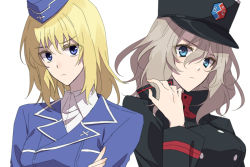 Rule 34 | 2girls, alternate hairstyle, amazuki jou, bc freedom (emblem), bc freedom military uniform, black headwear, black jacket, blonde hair, blue eyes, blue headwear, blue jacket, closed mouth, color switch, cosplay, costume switch, crossed arms, dress shirt, emblem, frown, garrison cap, girls und panzer, hairstyle switch, hand in own hair, hat, high collar, insignia, itsumi erika, jacket, kepi, kuromorimine military uniform, long sleeves, looking at viewer, medium hair, messy hair, military, military hat, military uniform, multiple girls, oshida (girls und panzer), red shirt, shirt, side-by-side, silver hair, simple background, uniform, vest, white background, white shirt, wing collar