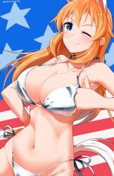 Rule 34 | 1girl, absurdres, american flag background, animal ears, bikini, blue eyes, blush, breasts, charlotte e. yeager, cleavage, closed mouth, collarbone, hand on own hip, highres, hiroshi (hunter-of-kct), large breasts, long hair, looking at viewer, navel, one eye closed, orange hair, rabbit ears, rabbit tail, side-tie bikini bottom, signature, simple background, smile, solo, strike witches, swimsuit, tail, thumbs up, white bikini, world witches series