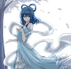 Rule 34 | 1girl, absurdres, artist name, bare shoulders, blue eyes, blue hair, breasts, closed mouth, commentary request, dated, dress, feet out of frame, hagoromo, hair ornament, hair rings, hair stick, half-closed eyes, highres, hisin, kaku seiga, leaf, light blue dress, long dress, looking to the side, medium breasts, medium hair, puffy short sleeves, puffy sleeves, shawl, short sleeves, signature, smile, solo, standing, touhou, tree, white background
