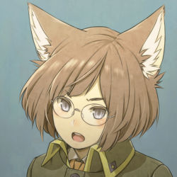Rule 34 | 1girl, animal ears, blue eyes, bob cut, brown hair, cat ears, commentary, glasses, highres, inutarou, open mouth, original, portrait, short hair, simple background, solo